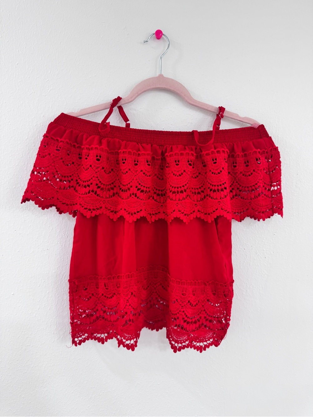 No Boundaries Red Crochet Lace Off The Shoulder Top Small 3-5 Boho Ruffle